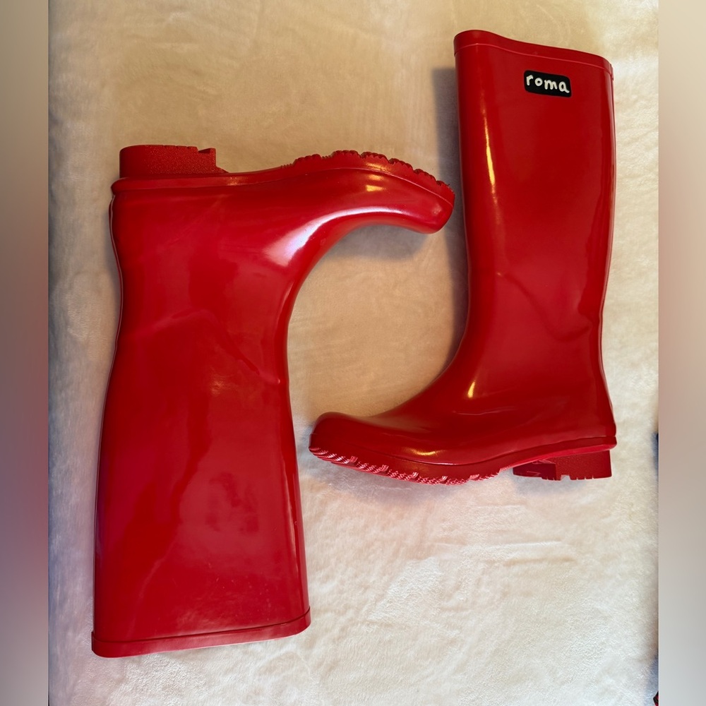 Roma Shiny Red Tall Rain Boots Sz 9 - Picture 3 of 6